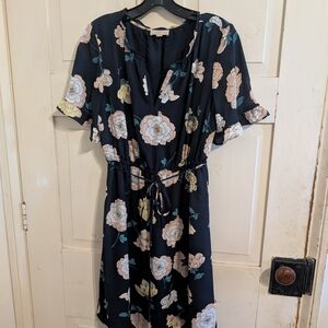 Loft Floral Navy Tie-Waist Dress